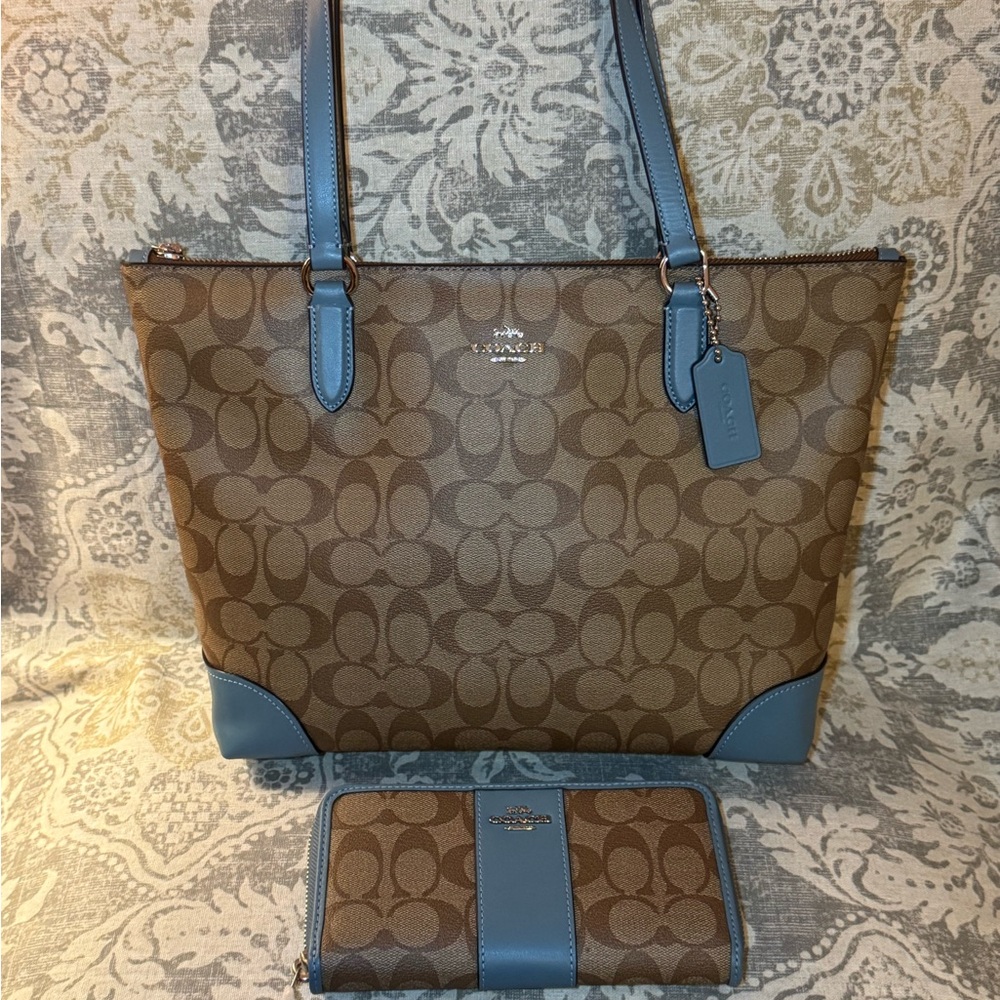 Coach Brown and Blue Tote Bag with Wallet